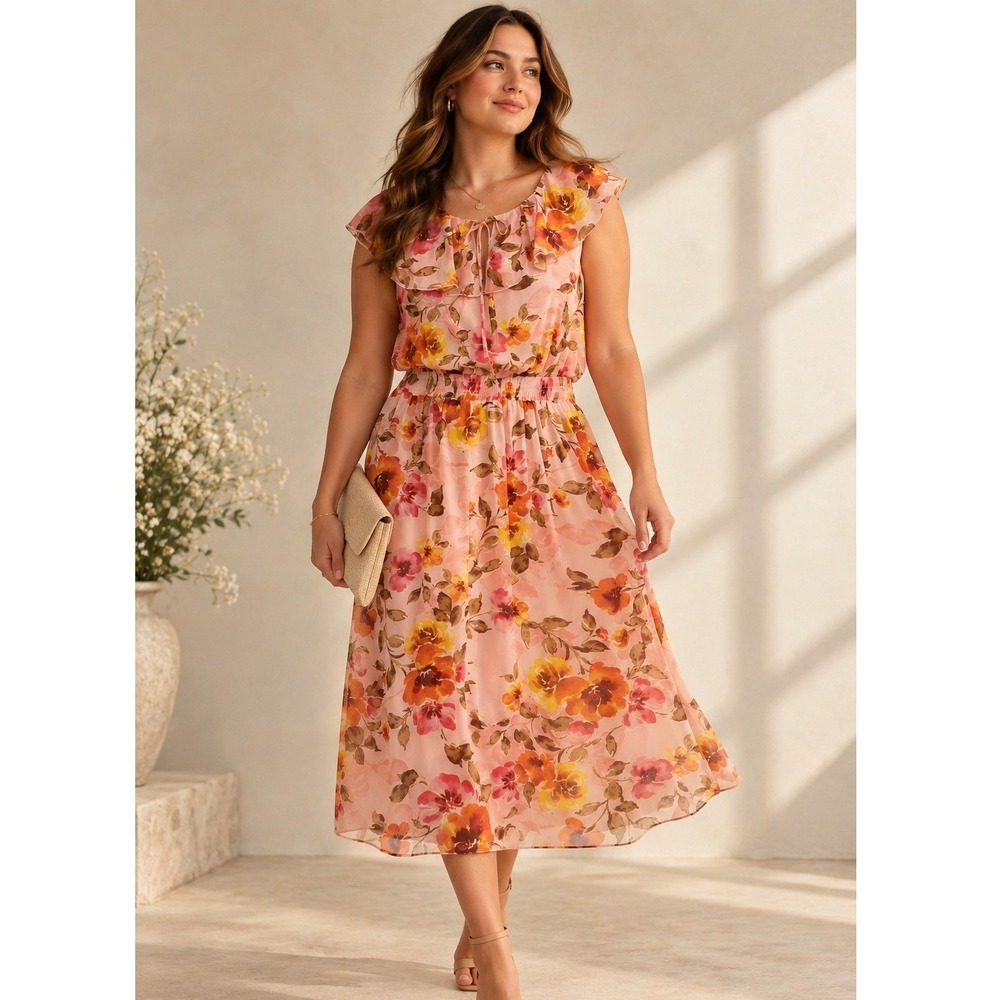 Stella & Julie Midi Dress Womens 14 Pink Floral Ruffle Sleeveless Garden Party